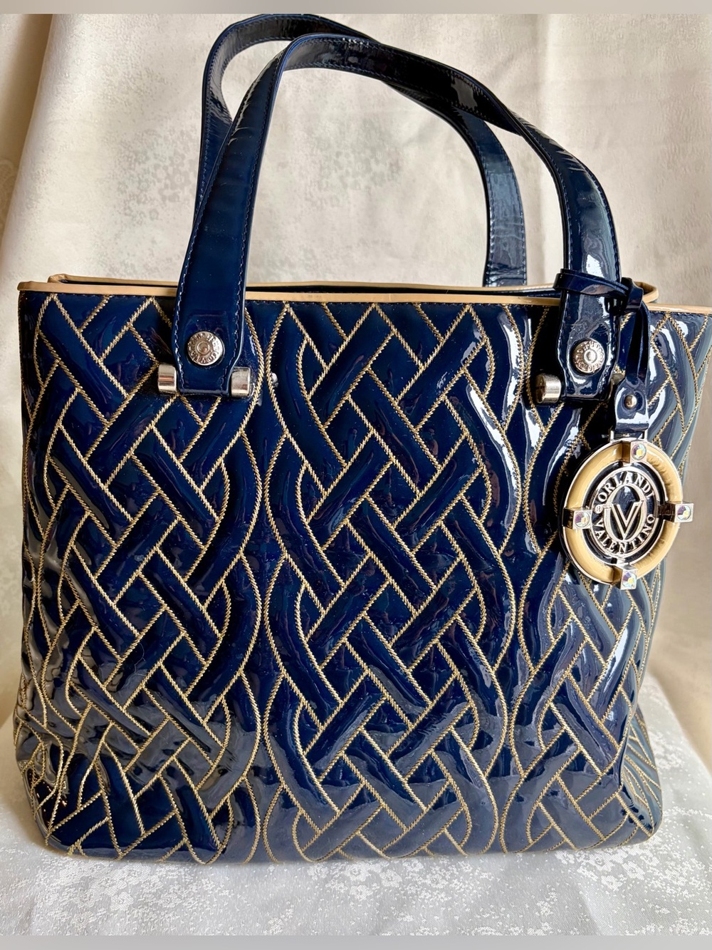 Valentino Orlandi Navy Patent Quilted Tote with Gold Accent Charm